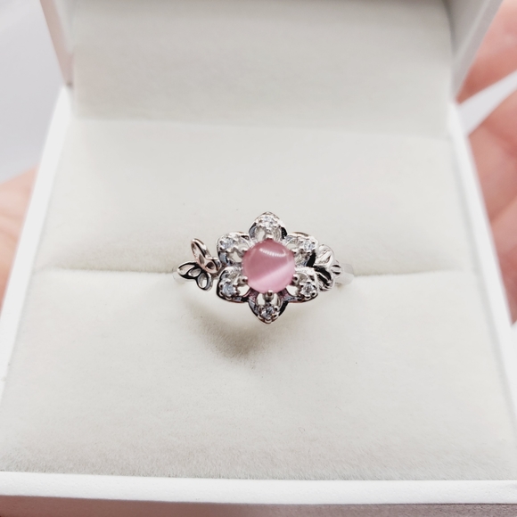 Natural Pink Cats Eye & Diamond Flower & Butterfly 925 Sterling Silver Ring - Picture 4 of 4